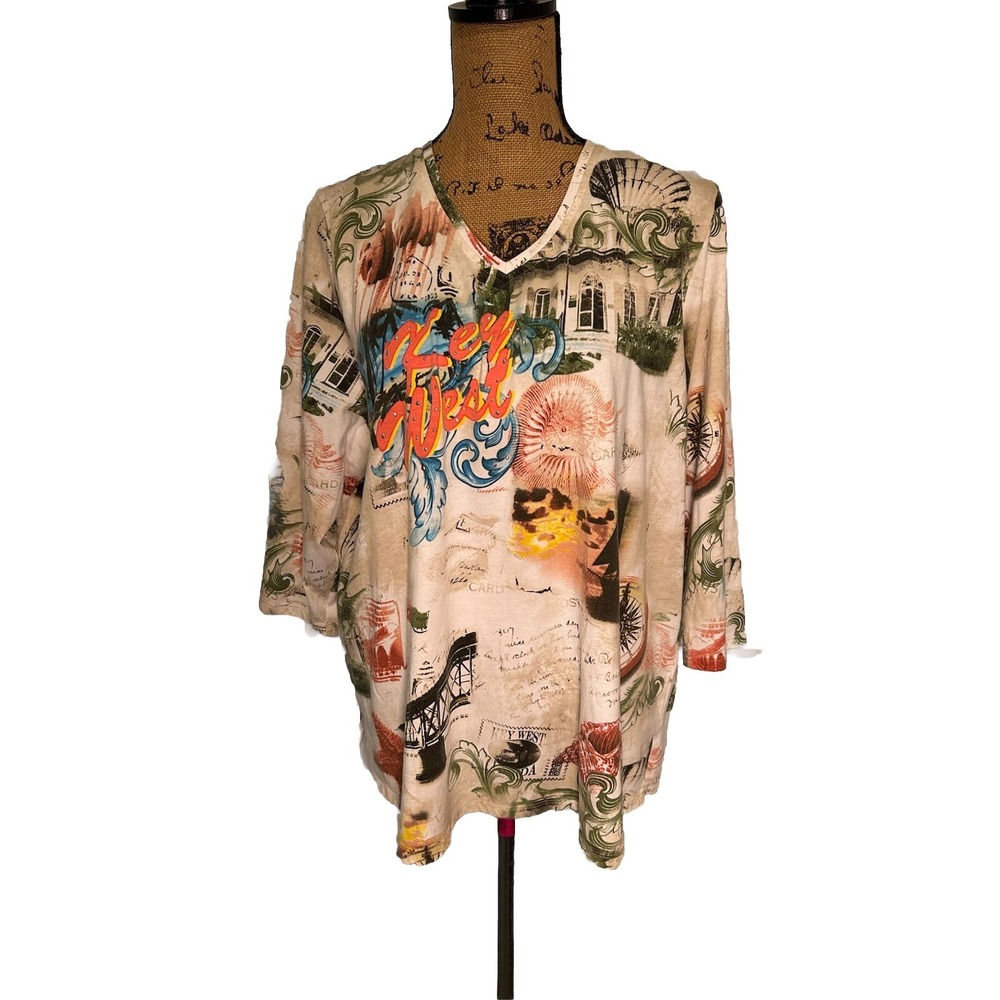 Alia Women's 1X V-neck Top Tee‎ Sequins Key West Tropical Short Sleeve 0327